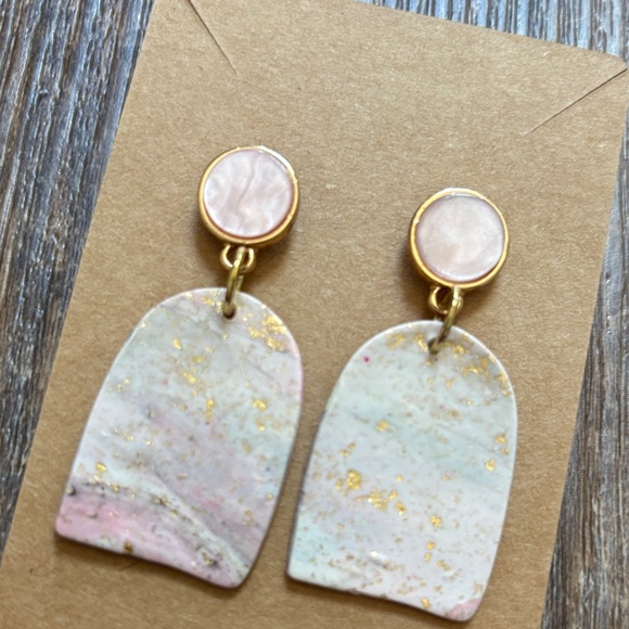 Handmade Polymer Clay Pink Marble Arch Drop Earrings with Gold Accents - Picture 2 of 5